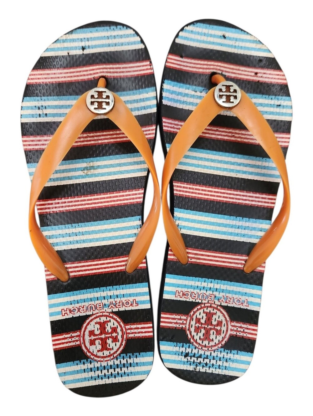 Tory Burch multicolor striped flip-flop sandals with a logo medallion